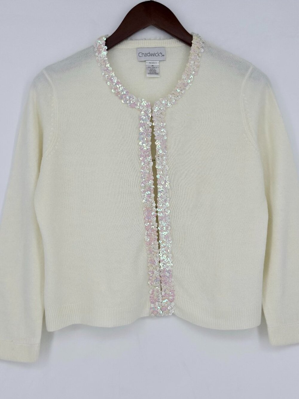 Vtg Chadwicks Cream Sequin Trim Open Front Cardigan Sweater M Cropped Coquette